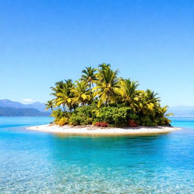 Primary subject: A small island in the middle of a blue lagoon.

Setting/background: The island is surrounded by a beautiful blue lagoon, and there are mountains in the distance.

Visual style: The image is a photo of the island in the middle of the lagoon.

Colors and mood: The image has a serene and peaceful atmosphere, with the blue lagoon and the surrounding mountains creating a picturesque scene.